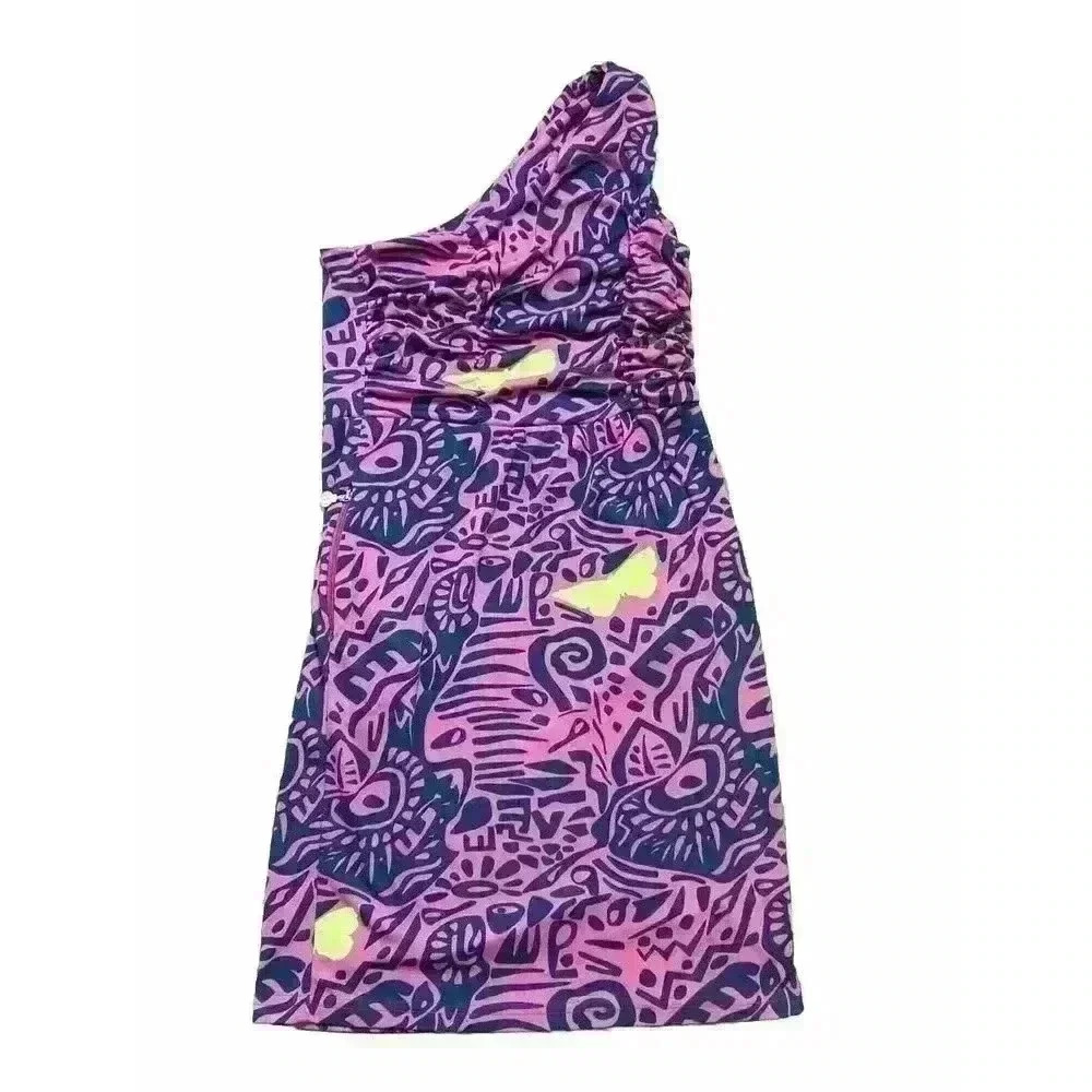 TRACY NEGOSHIAN Women's XS- Pink & Blue Geometric One Shoulder Dress Knee Lth D2
